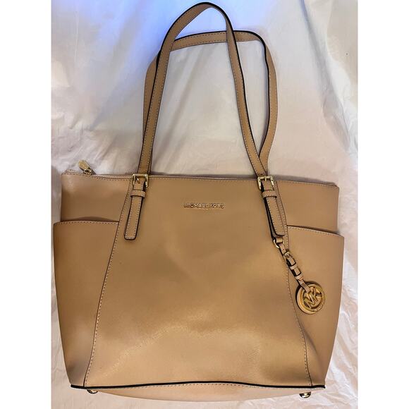 Michael Kors Jet Set Tote Bag - Top Zip Beige Tone Women's Bag - Picture 11 of 13